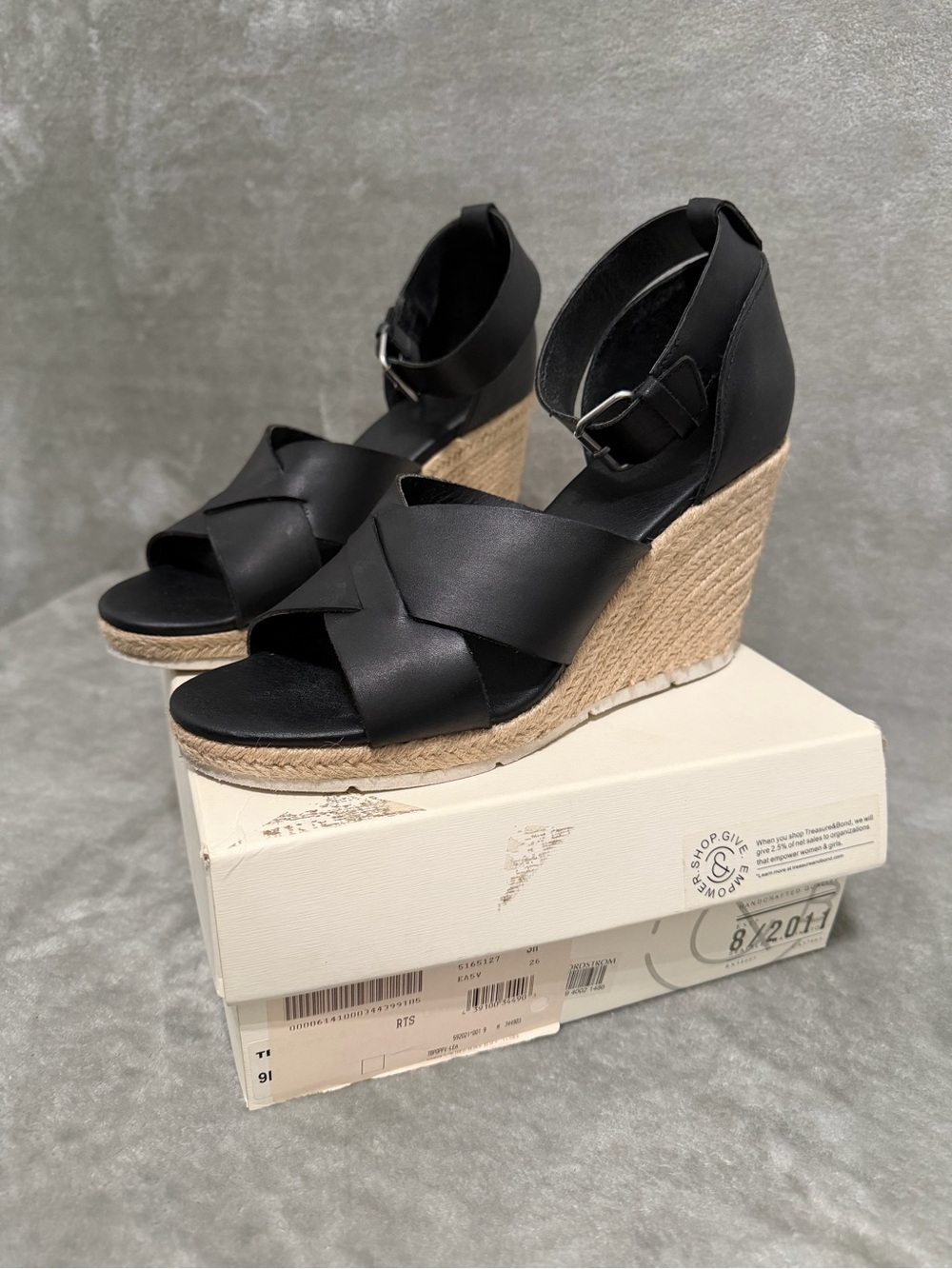 Treasure & Bond Black Leather Poppy Espadrille Wedge Sandal Size 9